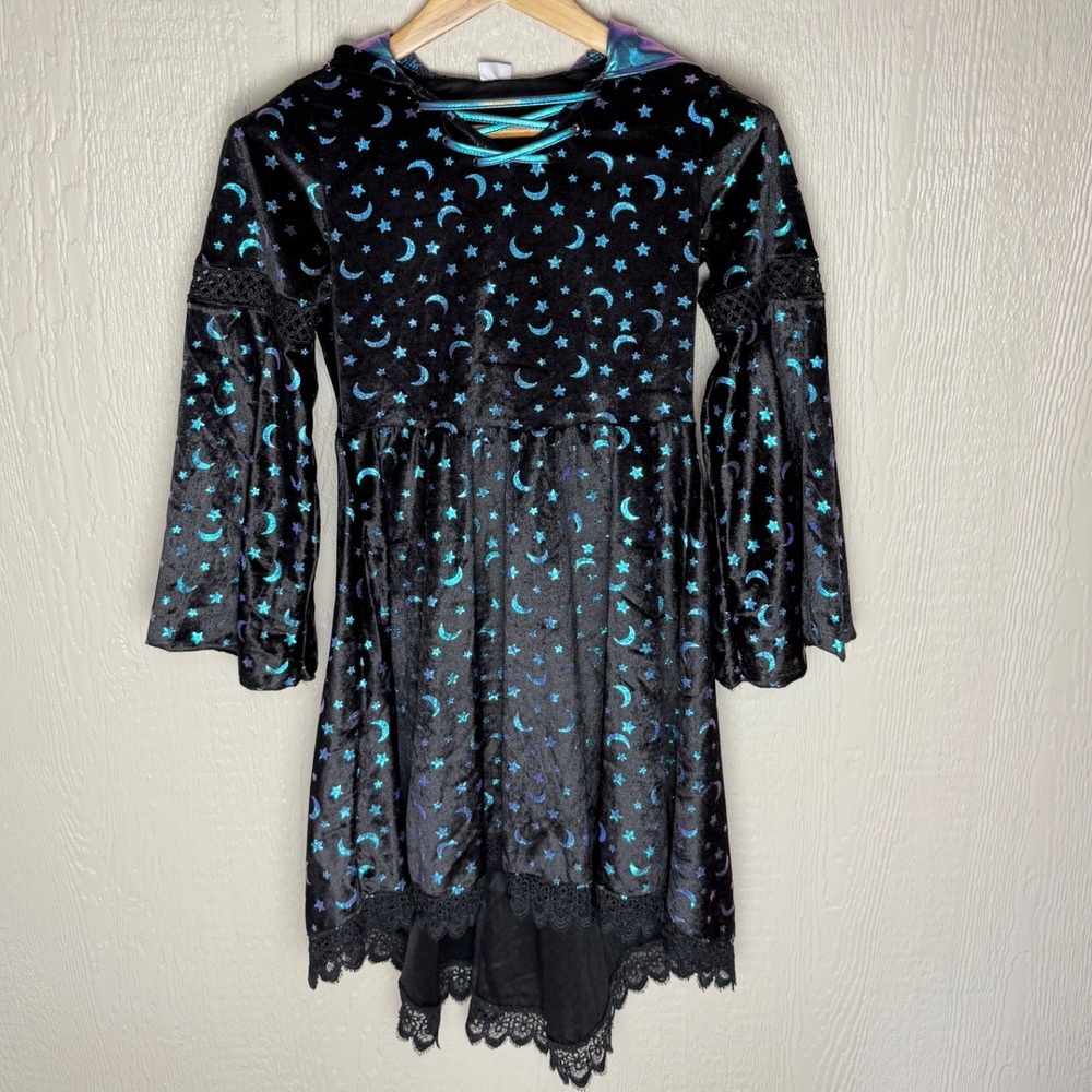 Spirit Halloween Kids XL Black Velvet Celestial Moon Star Hooded Witch Dress